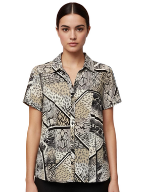 Dana Buchman Mixed Animal Print Button-Down Short Sleeve Shirt